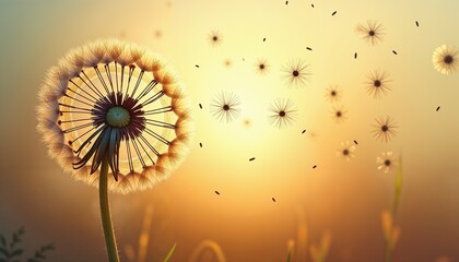 Naklejka premium Dandelion with seeds drifting in the golden sunset background
