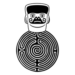Stylized human face on a round spiral maze or labyrinth symbol. Native American art of Moche Indians. Enigma of ancient Peru. Black and white silhouette.
