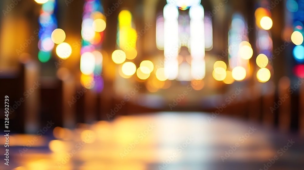 Poster artistic blurred view of stained glass windows illuminated by warm light in a historic building : ge
