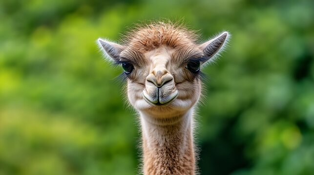 Closeup portrait of a curious and playful baby giraffe with soft features set against a lush green background : Generative AI