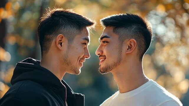 A heartwarming portrait of a loving gay couple sharing a tender moment amidst the golden hues of autumn. This image captures their intimacy and joy, symbolizing love, equality and acceptance.