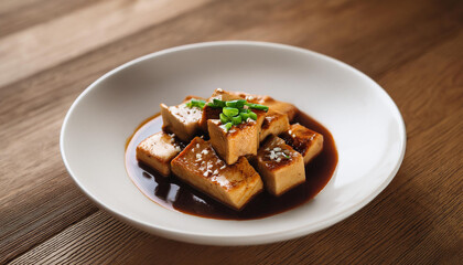 Miso braised tofu over wooden table. Tasty meal. Delicious food for dinner. Culinary concept.