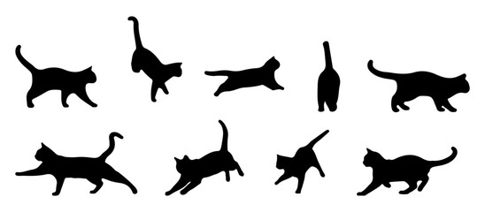 Vector collection of cat silhouettes in different poses, displayed on a white background.