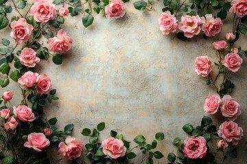 Beautiful pink roses branches forming a frame on a textured background, creating a romantic and elegant setting