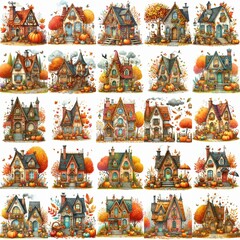Naklejka premium Watercolor Autumn House. AI generated illustration