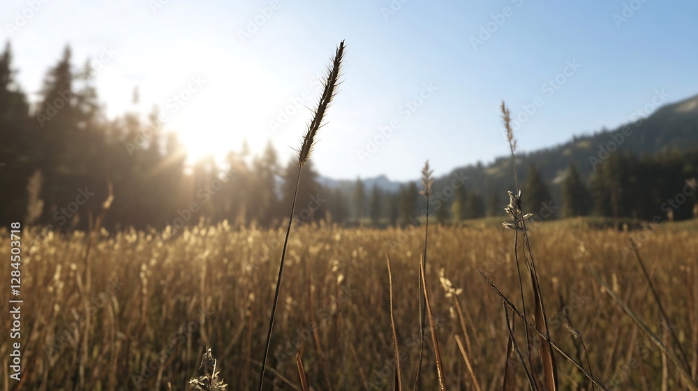 Poster Golden Grass Field Bathed in Soft Morning Light with Majestic Mountains in Background Creating Serenity : Generative AI