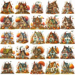 Naklejka premium Watercolor Autumn House. AI generated illustration