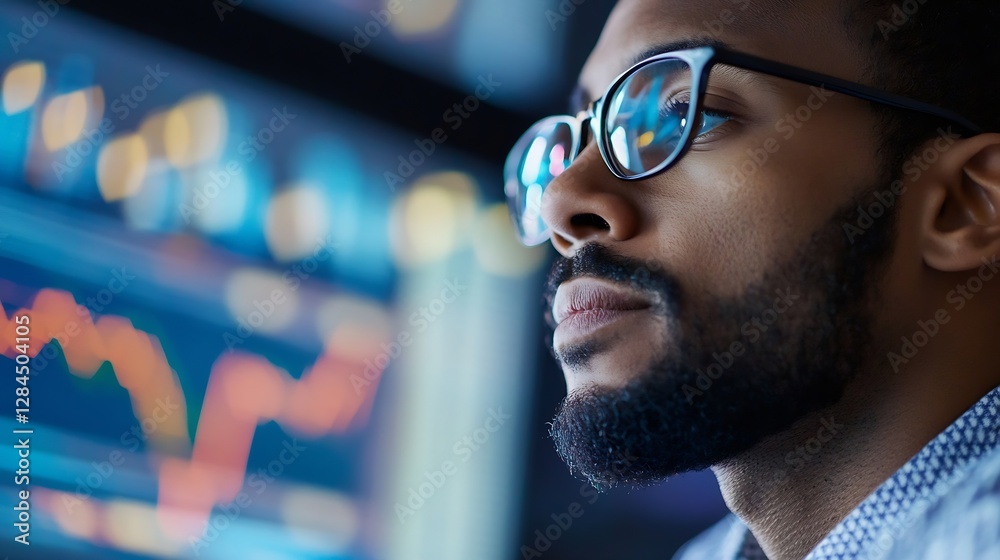 Poster focused young black man wearing glasses analyzing financial data on computer screen : generative ai