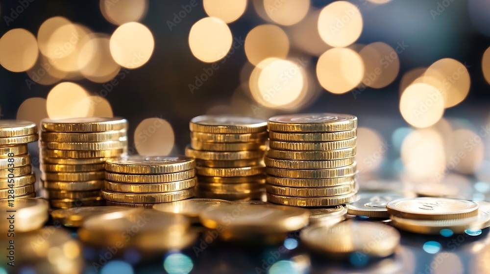 Poster Stacked gold coins with soft bokeh lights creating an alluring financial backdrop for wealth concepts : Generative AI