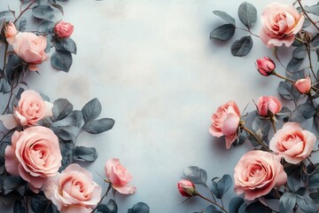 Beautiful pink roses and eucalyptus leaves arranged on a blue background, creating a delicate and romantic frame with copy space