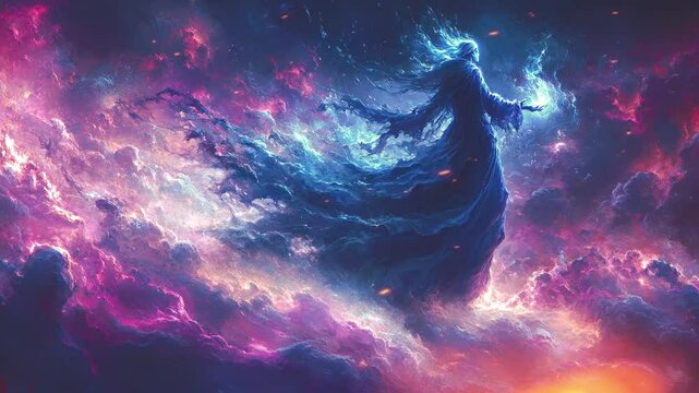 Powerful lich conjuring a magical spell while floating in a cosmic realm of swirling clouds and vibrant colors