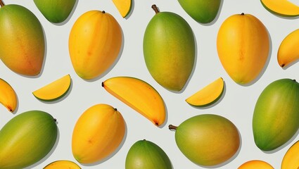 High-quality seamless mangoes pattern background isolated on a light background, featuring a vibrant and realistic design. This visually appealing pattern is ideal for commercial applications such as 