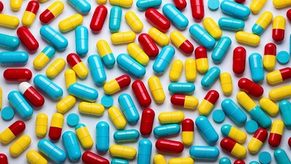 seamless pattern of pills, isolated on a white background, featuring vibrant and realistic design. This background is perfect for various applications such as packaging, restaurant branding, and texti