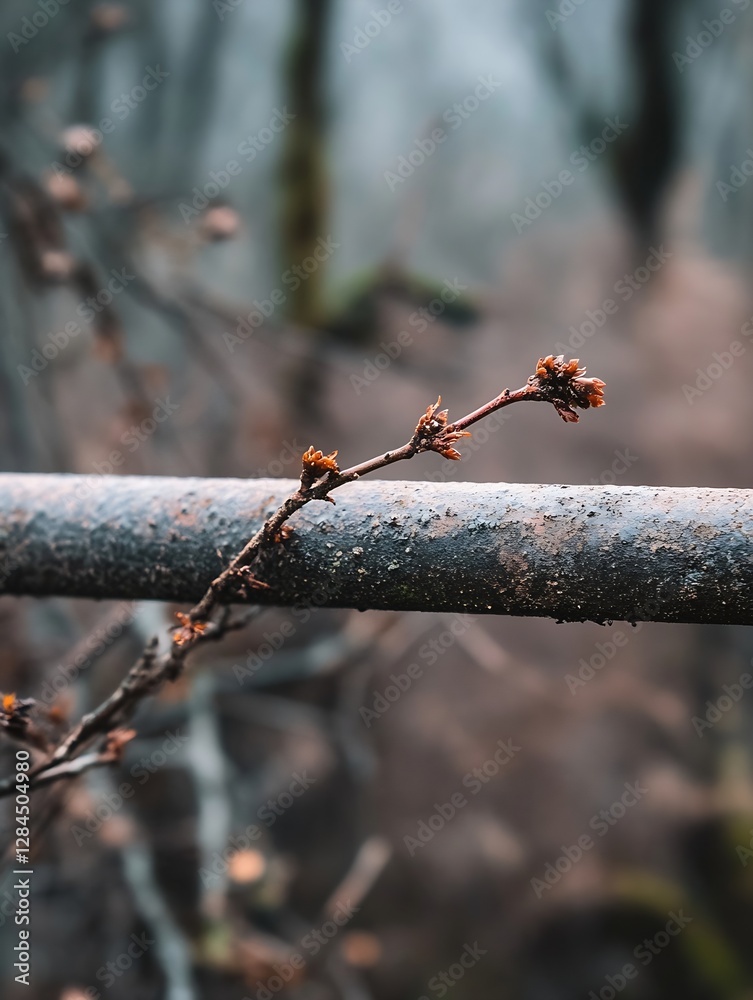 Poster closeup of delicate branch featuring blooming buds near rusty metal pipe in misty forest : generativ