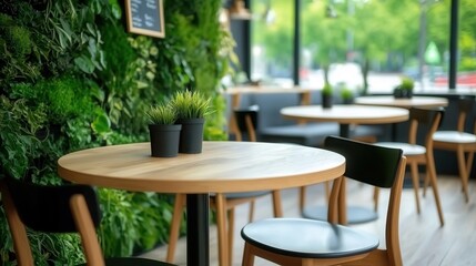Obraz premium Garden greenery walls create an eco-friendly landscape. Cozy café interior with greenery and wooden furniture.