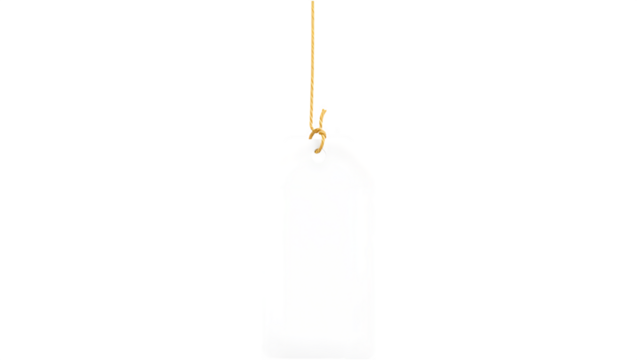 A blank label tag suspended by a string, ready for customization or pricing.