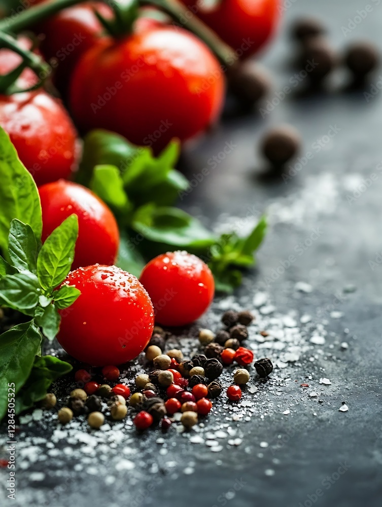 Poster Fresh red tomatoes and spices arranged artistically on a textured background for culinary delights : Generative AI