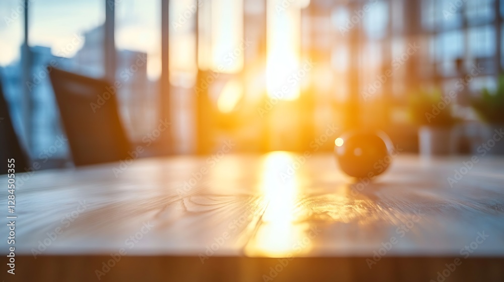 Poster warm morning light illuminating a wooden table with a soft focus on a green apple : generative ai