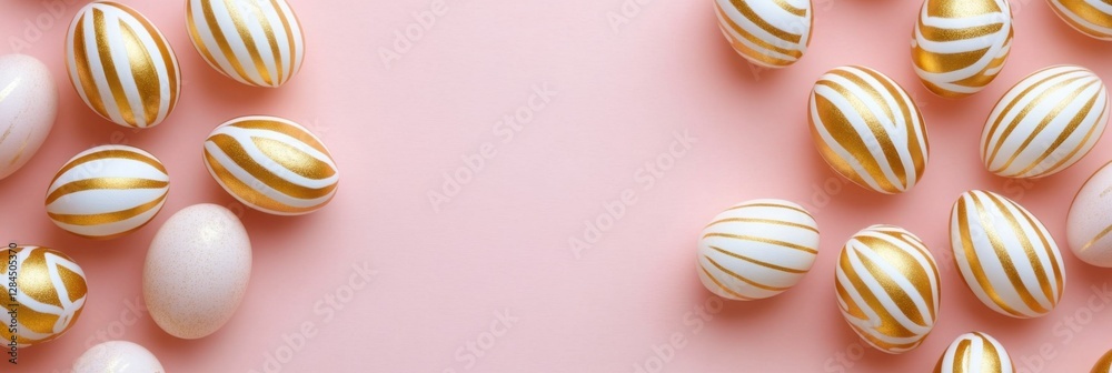 Poster flat lay of white and gold-striped easter eggs on a pink background, an easter concept with a minima