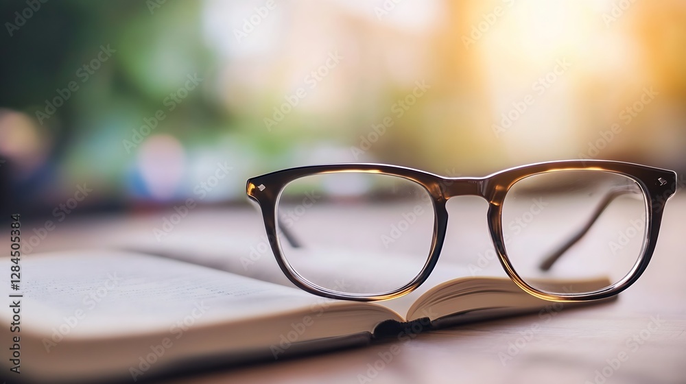 Poster Closeup of reading glasses resting on an open book with soft natural light : Generative AI