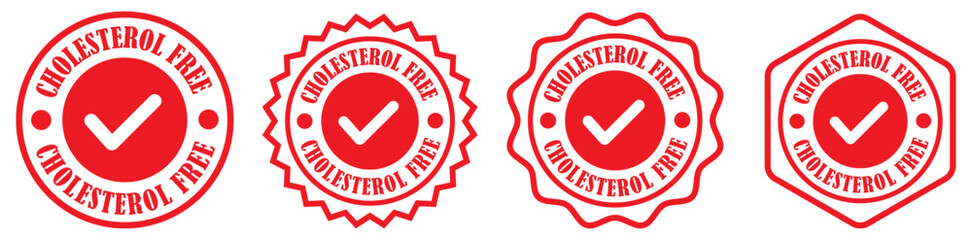 Cholesterol free icon set collection on white background. Product approval stamp set. Cholesterol free mark design. Food packaging label vector. Round check mark stamp. Vector illustration