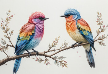 Fototapeta premium Colorful Birds on Branch Charming Illustration for Children's Art