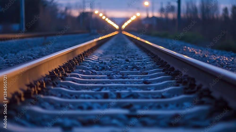 Poster nighttime view of railway tracks leading into the distance illuminated by warm glowing lights : gene