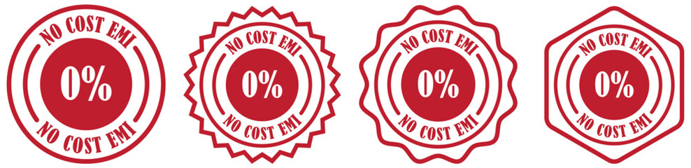 No cost emi insignia collection set on white background. Zero percent finance label. No interest payment badge. Finance promo round badge. Emi scheme label template. Emi discount badge set. Vector 