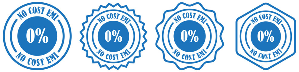 No cost emi rubber stamp collection set on white background. Finance promo round badge. Emi discount badge set. Round zero emi sticker. No interest payment badge. No cost emi icon for finance deals