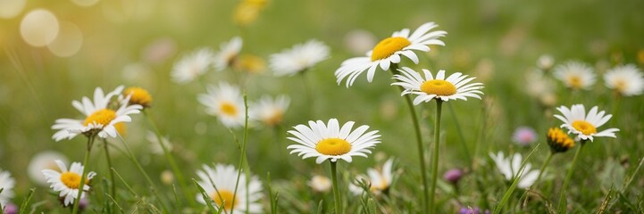Obraz premium Beautiful Daisy in a Meadow - Daisies in Grass with Light Bokeh Background