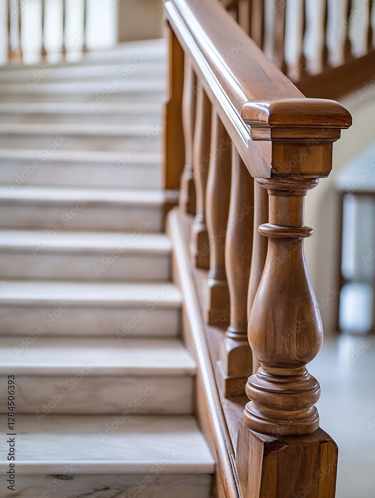 Aufkleber detailed view of a wooden staircase railing highlighting craftsmanship and elegance : generative ai
