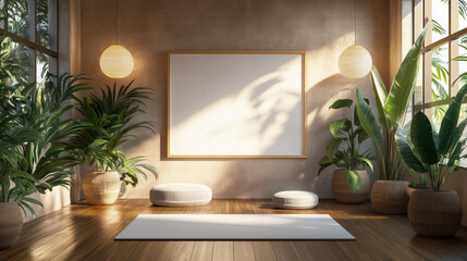 Fototapeta premium Peaceful Yoga Studio Showcasing a Frame Mockup with Wooden Floors, Calming Plants, and Soft Lighting, Ideal for Wellness, Mindfulness, or Relaxation-Related Products