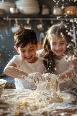 Children joyfully cooking together, making pasta in a vibrant kitchen.