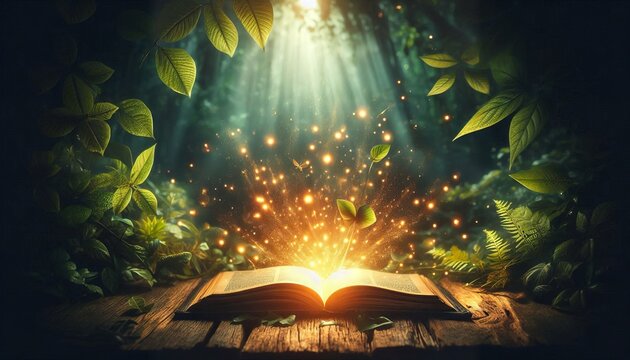An open book emitting glowing sparkles in a mystical forest, creating an enchanting and magical atmosphere