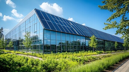 Obraz premium Modern glass office building, solar panels, green landscaping, sunny day
