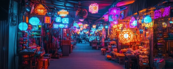 Vibrant night market alley with colorful neon lanterns and stalls