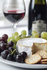 A delightful wine and cheese platter featuring grapes, a selection of fine cheeses, and crackers.