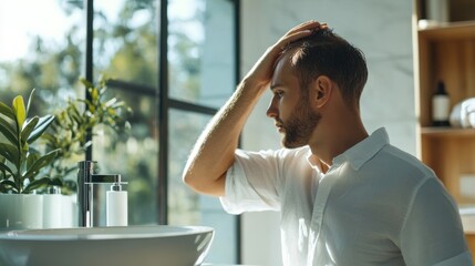 Obraz premium A man with early hair loss applying a nourishing conditioner in a bright, clean bathroom. Featuring nourishment and care