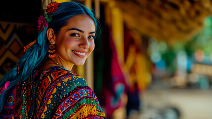 Fototapeta premium A woman with blue hair smiles at the camera