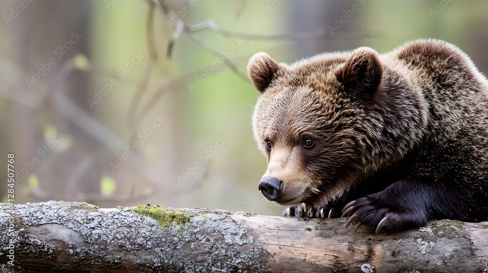 Poster Majestic bear resting on a fallen tree trunk with a focused expression in a serene natural forest environment : Generative AI