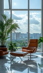 Fototapeta premium Modern lounge chair, city view, high-rise interior, relaxing atmosphere