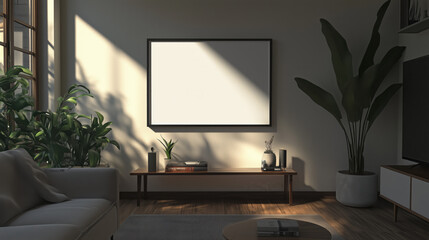 Sleek Urban Apartment Living Room Showcasing a Frame Mockup Surrounded by Minimalist Decor, Neutral Tones, and Contemporary Furniture Pieces