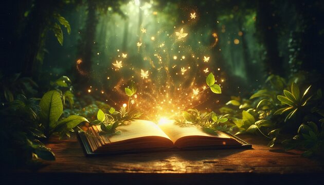 An open book emitting glowing sparkles in a mystical forest, creating an enchanting and magical atmosphere