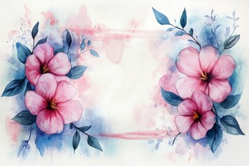 Pink watercolor flowers and blue leaves create a beautiful frame on a soft, artistic background, leaving a blank space perfect for adding text or a personalized message