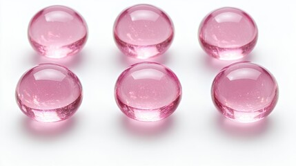 Six translucent pink spheres arranged in two rows of three on a white background.
