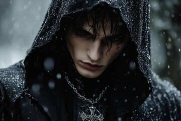 Gothic actor portraying mysterious character standing in snowy forest wearing black hooded cloak and silver cross necklace