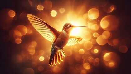 Obraz premium A hummingbird in flight with golden light illuminating its wings, creating a magical and ethereal scene