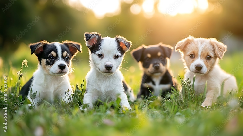 Poster Four playful puppies sitting together on green grass illuminated by golden sunlight creating a heartwarming scene : Generative AI