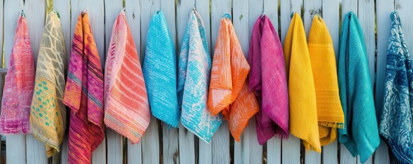 Colorful handwoven textiles hanging on wooden fence in vibrant patterns