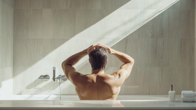A man with hair loss using a hair growth shampoo in a modern, serene bathroom. Featuring rejuvenation and vitality